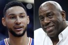 FILE - At left, in a Jan. 2, 2019, file photo, Philadelphia 76ers guard Ben Simmons is shown in the first half of an NBA basketball game against the Phoenix Suns, in Phoenix. At right, in a March 8, 2018, file photo, Magic Johnson attends an NCAA college basketball game in the quarterfinals of the Pac-12 men's tournament, in Las Vegas. The NBA is going to investigate whether league rules were broken when Philadelphia's Ben Simmons inquired about meeting with Los Angeles Lakers president Magic Johnson for playing tips. League spokesman Mike Bass said Monday, Feb. 11, 2019, that the NBA will look at the matter. (AP Photo/File)