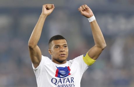 PSG's Kylian Mbappe reacts after the French League One soccer match between Strasbourg and Paris Saint Germain at Stade de la Meinau stadium in Strasbourg, eastern France, Saturday, May 27, 2023. (AP Photo/Jean-Francois Badias)