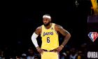 Los Angeles Lakers forward LeBron James (6) looks on during the first half of an NBA basketball game against the Golden State Warriors in Los Angeles, Tuesday, Oct. 19, 2021. (AP Photo/Ringo H.W. Chiu)