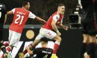 Braga's Vitinha, center, celebrates after scoring the opening goal during the Europa League group D soccer match between SC Braga and Union Berlin at the Municipal stadium in Braga, Portugal, Thursday, Sept. 15, 2022. (AP Photo/Luis Vieira)