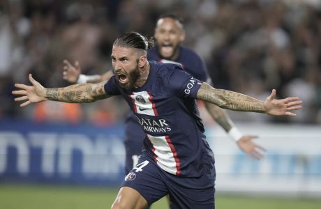 PSG's Sergio Ramos celebrates after scoring his side's third goal during the French Super Cup final soccer match between Nantes and Paris Saint-Germain at Bloomfield Stadium in Tel Aviv, Israel, Sunday, July 31, 2022. (AP Photo/Ariel Schalit)