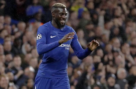 Chelsea's Tiemoue Bakayoko celebrates after scoring during the Champions League group C soccer match between Chelsea and Qarabag at Stamford Bridge stadium in London, Tuesday, Sept. 12, 2017. (AP Photo/Kirsty Wigglesworth)