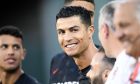 Portugal's Cristiano Ronaldo smiles by the bench before the UEFA Nations League soccer match between Spain and Portugal, at the Benito Villamarin Stadium, in Seville, Spain, Thursday, June 2, 2022. (AP Photo/Jose Breton)