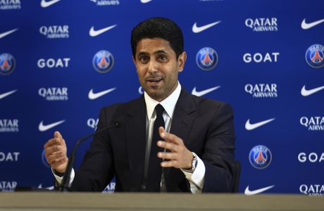 PSG president Nasser Al-Khelaifi speaks during a press conference at the new Paris-Saint-Germain training ground Wednesday, July 5, 2023 in Poissy, west of Paris. Paris Saint-Germain fired coach Christophe Galtier after a disappointing season on and replaced him with former Spain and Barcelona manager Luis Enrique. (AP Photo/Aurelien Morissard)