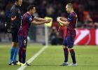Barcelona's Andres Iniesta, right, gives the captain's armband to his teammate Xavi Hernandez as he is substituted by him during the Champions League final soccer match between Juventus Turin and FC Barcelona at the Olympic stadium in Berlin Saturday, June 6, 2015. (AP Photo/Martin Meissner)