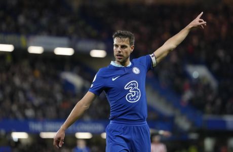 Chelsea's Cesar Azpilicueta gestures during the English Premier League soccer match between Chelsea and Brentford at Stamford Bridge stadium in London, Wednesday, April 26, 2023. (AP Photo/Kirsty Wigglesworth)