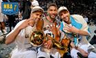 SAN ANTONIO, TX - JUNE 15: Manu Ginobili #20, Tony Parker #9, and Tim Duncan #21 of the San Antonio Spurs celebrate with the Larry O'Brien trophy after defeating the Miami Heat to win the 2014 NBA Finals in Game Five of the 2014 NBA Finals on June 15, 2014 at AT&T Center in San Antonio, Texas. NOTE TO USER: User expressly acknowledges and agrees that, by downloading and or using this photograph, User is consenting to the terms and conditions of the Getty Images License Agreement. Mandatory Copyright Notice: Copyright 2014 NBAE (Photo by Jesse D. Garrabrant/NBAE via Getty Images)