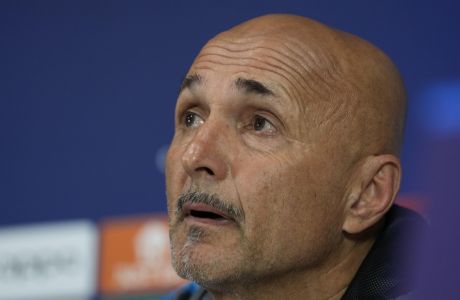 Napoli's head coach Luciano Spalletti answers reporters during a news conference ahead the Champions League, first leg quarterfinal soccer match between AC Milan and Napoli, at the San Siro stadium in Milan, Italy, Tuesday, April 11, 2023. (AP Photo/Luca Bruno)