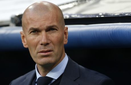 Real Madrid coach Zinedine Zidane arrives for the Champions League semifinal second leg soccer match between Real Madrid and FC Bayern Munich at the Santiago Bernabeu stadium in Madrid, Spain, Tuesday, May 1, 2018. (AP Photo/Francisco Seco)