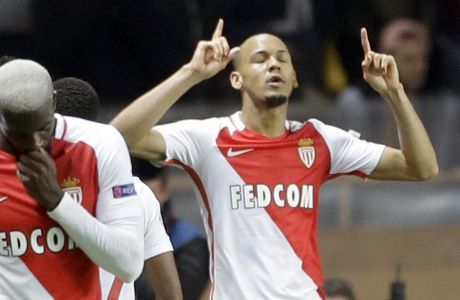 Monaco's Fabinho, right, reacts as he celebrates his side's 2nd goal during a Champions League round of 16 second leg soccer match between Monaco and Manchester City at the Louis II stadium in Monaco, Wednesday March 15, 2017. (AP Photo/Claude Paris)