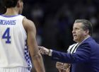 Kentucky head coach John Calipari, right, gestures toward Nick Richards, after Richards received a technical foul during the second half of an NCAA college basketball game against Tennessee State in Lexington, Ky., Friday, Nov. 23, 2018. (AP Photo/James Crisp)