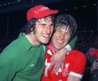 Liverpool goalkeeper Ray Clemence, left, embraces team captain Emlyn Hughes after their team defeated Newcastle United 3-0 to win the FA Cup final at Wembley Stadium, London, May 4, 1974. (AP Photo/Bob Dear)