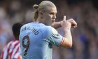 Manchester City's Erling Haaland gestures during the English Premier League soccer match between Manchester City and Brentford, at the Etihad stadium in Manchester, England, Saturday, Nov.12, 2022. (AP Photo/Dave Thompson)