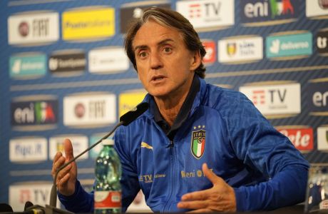 Italy's Roberto Mancini talks to the media at a press conference prior to the UEFA Nations League soccer match between Germany and Italy in Moenchengladbach, Germany, ,Monday, June 13, 2022. (AP Photo/Martin Meissner)