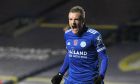 Leicester's Jamie Vardy celebrates after scoring his sides third goal of the game during the English Premier League soccer match between Leeds United and Leicester City at Elland Road in Leeds, England, Monday, Nov. 2, 2020. (Michael Regan/Pool via AP)