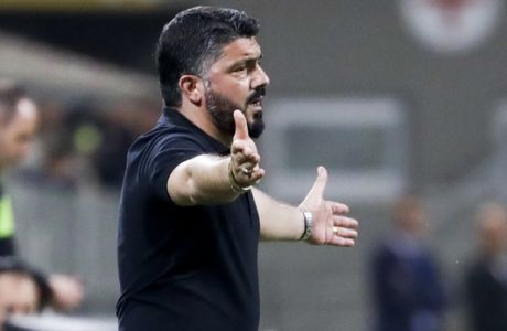 AC Milan coach Gennaro Gattuso calls out to his players during a Serie A soccer match between AC Milan and Benevento, at the San Siro stadium in Milan, Italy, Saturday, April 21, 2018. (AP Photo/Luca Bruno)