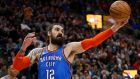 Oklahoma City Thunder center Steven Adams (12) grabs a rebound in the second half during an NBA basketball game against the Utah Jazz Monday, March 11, 2019, in Salt Lake City. (AP Photo/Rick Bowmer)