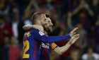 FC Barcelona's Lionel Messi, right, celebrates after scoring with his teammate Aleix Vidal during the Spanish La Liga soccer match between FC Barcelona and Eibar at the Camp Nou stadium in Barcelona, Spain, Tuesday, Sept. 19, 2017. (AP Photo/Manu Fernandez)