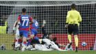 CSKA midfielder Nikola Vlasic, center, scores his side's opening goal during a Group G Champions League soccer match between CSKA Moscow and Real Madrid at the Luzhniki Stadium in Moscow, Russia, Tuesday, Oct. 2, 2018. (AP Photo/Pavel Golovkin)