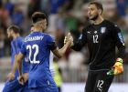 Italy goalkeeper Gianluigi Donnarumma celebrates with teammate Stephan El Shaarawy their side's 3-0 win over Uruguay, at the end of a friendly soccer match at the Nice Allianz Riviera stadium, France, Wednesday, June 7, 2017. (AP Photo/Claude Paris)
