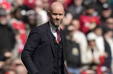 Manchester United's head coach Erik ten Hag during the English FA Cup semifinal soccer match between Coventry City and Manchester United at Wembley stadium in London, Sunday, April 21, 2024. (AP Photo/Alastair Grant)