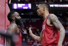 Houston Rockets guard James Harden, left, gets a pat on the chest from Houston guard Gerald Green, right, after going out of bounds on a play against the Memphis Grizzlies during the second half of an NBA basketball game Monday, Dec. 31, 2018, in Houston. (AP Photo/Michael Wyke)