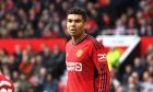 Manchester United's Casemiro during the English Premier League soccer match between Manchester United and Burnley at Old Trafford in Manchester, England, Saturday, April 27, 2024. (AP Photo/Rui Vieira)
