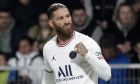 PSG's Sergio Ramos celebrates his goal during the League One soccer match between Angers and Paris Saint Germain, at the Raymond-Kopa stadium in Angers, western France, Wednesday, April 20, 2022. (AP Photo/Jeremias Gonzalez)