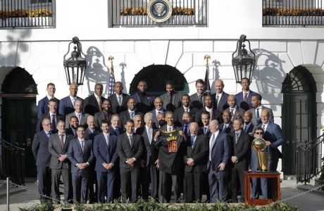 President Barack Obama and Vice President Joe Biden pose for a group photograph with Cleveland Cavaliers team members as the president honored the 2016 NBA Champions Cleveland Cavaliers basketball team during a ceremony on the South Lawn of the White House in Washington, Thursday, Nov. 10, 2016. (AP Photo/Pablo Martinez Monsivais)