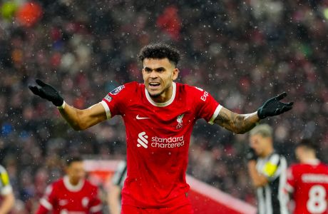 Liverpool's Luis Diaz reacts during the English Premier League soccer match between Liverpool and Newcastle, at Anfield stadium in Liverpool, England, Monday, Jan. 1, 2024. (AP Photo/Jon Super)
