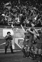 Liverpool players celebrate in front of their fans after Alan Kennedy, centre, had scored the first goal during the European Football Cup Final at the Parc Des Princes, Paris on May 27, 1981. Liverpool defeated Real 1-0. AP Photo/Staff/Lipchitz)