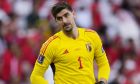 Belgium's goalkeeper Thibaut Courtois looks on during the World Cup group F soccer match between Belgium and Morocco, at the Al Thumama Stadium in Doha, Qatar, Sunday, Nov. 27, 2022. (AP Photo/Manu Fernandez)