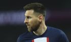 PSG's Lionel Messi reacts during the French League One soccer match between Paris Saint-Germain and Lyon at the Parc des Princes stadium in Paris, Sunday, April 2, 2023. (AP Photo/Aurelien Morissard)