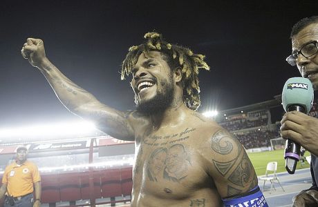 Panama's Roman Torres celebrates his goal against Costa Rica and his team's 2-1 victory, qualifying his team for the 2018 Russia World Cup in Panama City, Tuesday, Oct. 10, 2017. It's the first time Panama classifies for a World Cup tournament. (AP Photo/Arnulfo Franco)