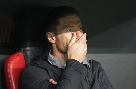 Leverkusen's head coach Xabi Alonso reacts on his bench prior the UEFA Europa League Group H soccer match between Bayer Leverkusen and Qarabag at the BayArena in Leverkusen, Germany, Thursday, Oct. 26, 2023. (AP Photo/Martin Meissner)