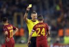 Referee Damir Skomina shows a yellow card to Roma's Alessandro Florenzi during the Champions League semifinal second leg soccer match between Roma and Liverpool at the Olympic Stadium in Rome, Wednesday, May 2, 2018. (AP Photo/Alessandra Tarantino)