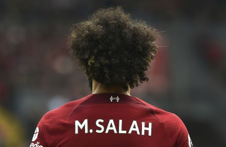 Liverpool's Mohamed Salah during the Premier League soccer match between Liverpool and Nottingham Forest at Anfield, in Liverpool, England, Saturday April 22, 2023. (AP Photo/Rui Vieira)