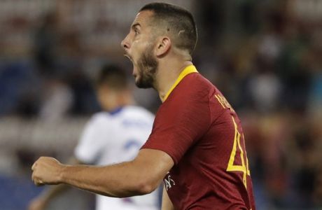 Roma's Kostas Manolas celebrates after scoring during a Serie A soccer match between Roma and Atalanta, in Rome's Olympic stadium, Monday, Aug. 27, 2018. (AP Photo/Andrew Medichini)