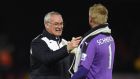 "WATFORD, ENGLAND - MARCH 05: Claudio Ranieri Manager of Leicester City congratulates Kasper Schmeichel after their 1-0 victory in the Barclays Premier League match between Watford and Leicester City at Vicarage Road on March 5, 2016 in Watford, England.  (Photo by Michael Regan/Getty Images)"