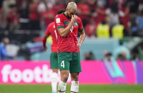 Morocco's Sofyan Amrabat reacts during the World Cup semifinal soccer match between France and Morocco at the Al Bayt Stadium in Al Khor, Qatar, Wednesday, Dec. 14, 2022. (AP Photo/Manu Fernandez)
