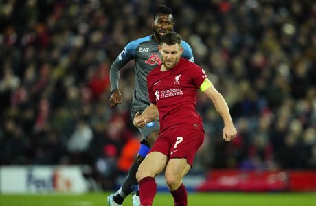 Liverpool's James Milner kicks the ball during the Champions League Group A soccer match between Liverpool and Napoli, at Anfield stadium in Liverpool, England, Tuesday, Nov. 1, 2022. (AP Photo/Jon Super)