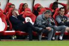 Sunderland manager David Moyes, left, looks dejected in the dugout during their English Premier League soccer match against Manchester United at the Stadium of Light, Sunderland, England, Sunday, April 9, 2017. (Owen Humphreys/PA via AP)
