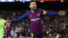 Barcelona forward Lionel Messi celebrates after scoring his side's opening goal during a Spanish La Liga soccer match between FC Barcelona and Levante at the Camp Nou stadium in Barcelona, Spain, Saturday, April 27, 2019. (AP Photo/Manu Fernandez)