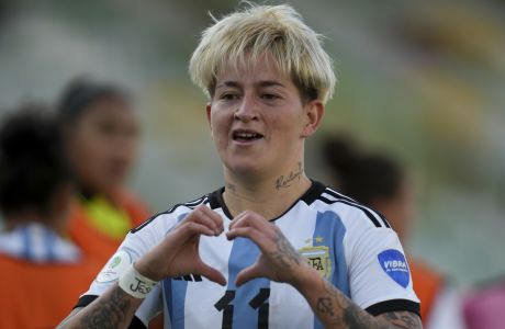 Argentina's Yamila Rodriguez celebrates scoring her side's second goal against Uruguay during a Women's Copa America soccer match in Armenia, Colombia , Friday, July 15, 2022. (AP Photo/Dolores Ochoa)