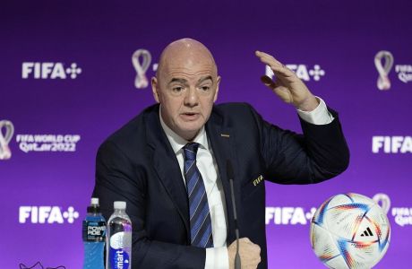 FILE - FIFA President Gianni Infantino speaks at a press conference Saturday, Nov. 19, 2022 in Doha, Qatar. (AP Photo/Abbie Parr, File)