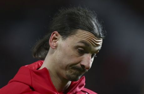 United's Zlatan Ibrahimovic walks on the pitch before the Europa League round of 16, second leg, soccer match between Manchester United and FC Rostov at Old Trafford Stadium in Manchester, England, Thursday March 16, 2017. (AP Photo/Dave Thompson)