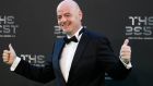 FIFA President Gianni Infantino arrives for the ceremony of the Best FIFA Football Awards in the Royal Festival Hall in London, Britain, Monday, Sept. 24, 2018. (AP Photo/Frank Augstein)