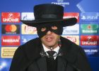 Shakthtar coach Paulo Fonseca, dressed as Zorro attends a press conference after victory for his team in the Champions League group F soccer match between Manchester City and Shakhtar Donetsk at the Metalist Stadium in Kharkiv, Ukraine, Wednesday, Dec. 6, 2017. (AP Photo/Efrem Lukatsky)