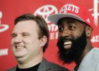 Houston Rockets general manager Daryl Morey, left, and newly acquired guard James Harden pose for photographers at an NBA basketball news conference, Monday, Oct. 29, 2012, in Houston. Morey officially introduced Harden on Monday. Harden joined Houston in a stunning trade with the Oklahoma City Thunder on Saturday night. (AP Photo/Pat Sullivan)