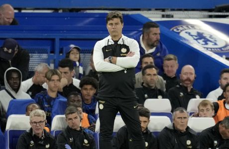 Chelsea's head coach Mauricio Pochettino stands on the touchline during the English League Cup second round soccer match between Chelsea and AFC Wimbledon at Stamford Bridge stadium in London, Wednesday, Aug. 30, 2023. (AP Photo/Kin Cheung)